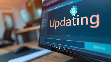 Close-up of computer screen showing software update progress bar with "Updating" in bold letters, modern office desk in background, emphasizing digital technology and productivity.