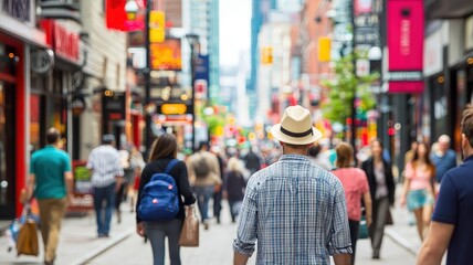 A bustling city street filled with people shopping and socializing, showcasing urban life and vibrant storefronts.