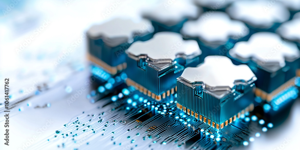 Poster Cloud shaped microchips on circuit board symbolize cloud computing technology