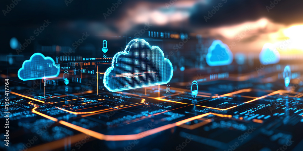 Aufkleber digital representation of cloud computing technology with glowing circuits and data flow, illustrating modern cloud integration and network connectivity