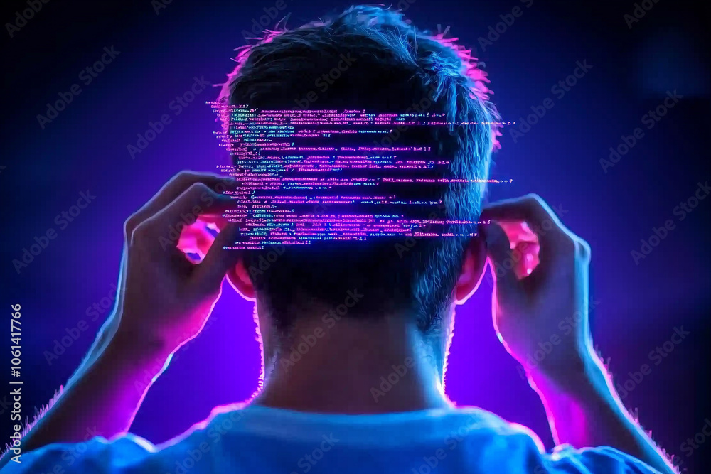 Aufkleber person immersed in coding with digital code overlay, symbolizing technology and innovation