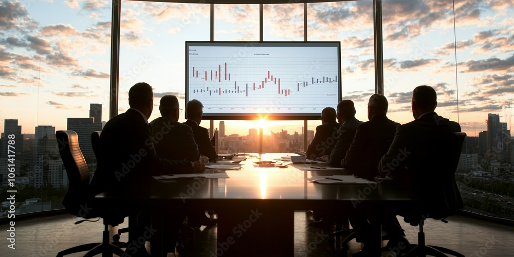 Poster group of business professionals is engaged in negotiation meeting, analyzing chart displayed on larg