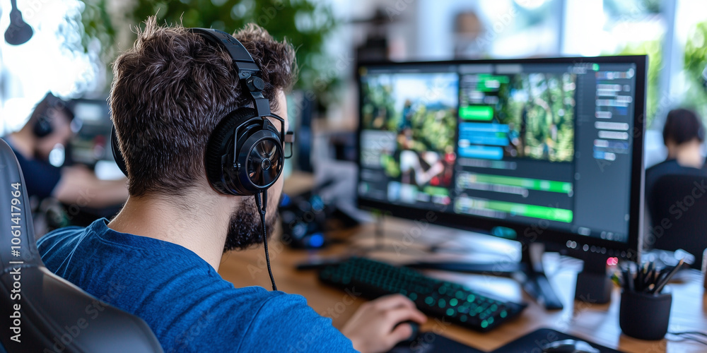 Poster person wearing headphones is focused on computer screen displaying vibrant gaming interface in modern workspace. environment is lively and tech oriented
