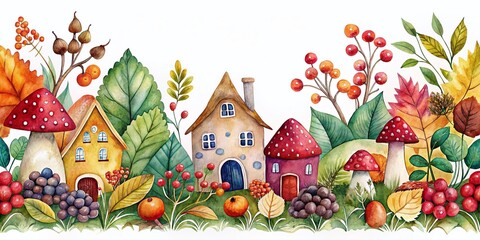 Hand Drawn Watercolor Autumn Fairytale House with Berries and Mushrooms - Seamless Frame Border for Textiles, Scrapbooking, and Printed Products