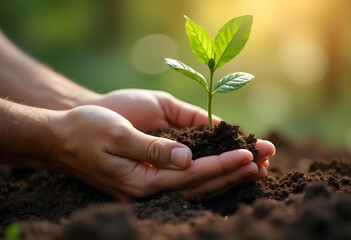 Nurturing young plant in hands symbolizes growth and care, showcasing beauty of nature and importance of environmental stewardship