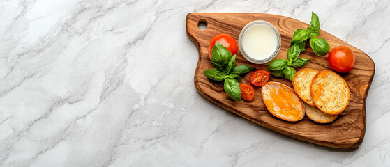 wooden board with fresh tomatoes, basil, cheese, and glass of milk on marble surface