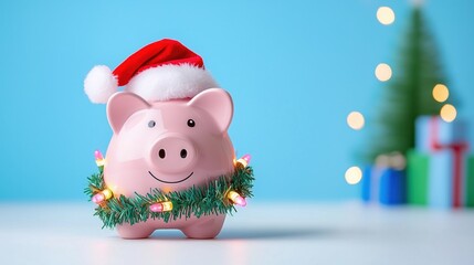 A cheerful piggy bank with a Santa hat placed beside holiday gifts and a decorated branch, evoking themes of Christmas savings and seasonal budgeting.