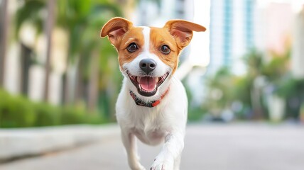 A happy dog joyfully running along a sunny street, surrounded by greenery and buildings in the background.