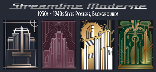 Streamline Moderne 1930s - 1940s Style Vector Templates for Retro Party Posters, Covers, Illustrations. Metallic Gradients, Art Deco Colors and Shapes