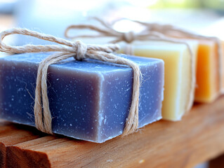 Three handmade soap bars tied with twine sit on wooden surface, showcasing their natural and eco friendly design. soaps are in shades of blue, cream, and orange