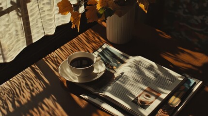 Fototapeta premium Flat lay of a coffee cup and open magazine, with dappled window shadows enhancing a quiet, reflective mood.