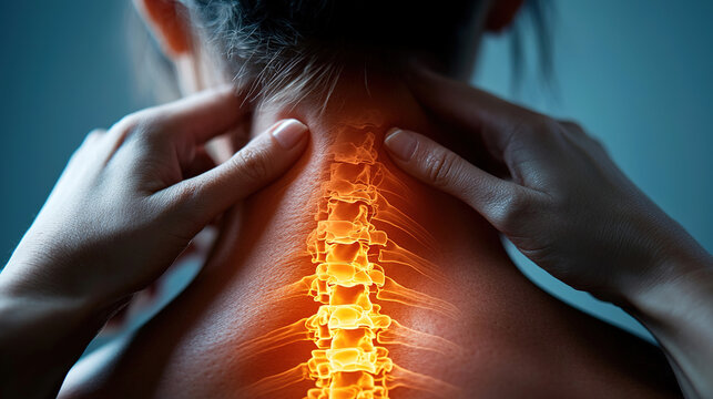 Image illustrating neck pain, featuring a glowing graphic of the spine highlighting discomfort and tension. Female figure massaging neck to relieve stress.