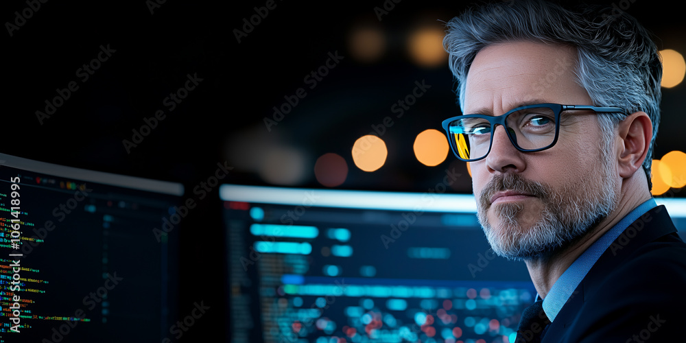 Fototapete focused programmer working on API integration with website, using dual monitors in dimly lit office. scene captures intensity and concentration required for coding tasks