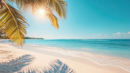 Fototapeta premium Palm Frond Overlooking a Tranquil Tropical Beach