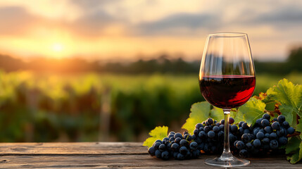 glass of red wine sits on wooden table with vineyard in background, capturing essence of serene sunset. ripe grapes add touch of nature bounty to scene