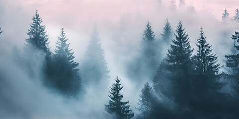 Mystical Mountain Mist: A breathtaking aerial view of a dense evergreen forest shrouded in ethereal mist, where towering pines stand silhouetted against a soft, pastel sky.
