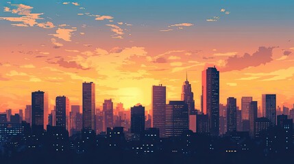 Fototapeta premium Sunset Skyline Over a City with Tall Buildings
