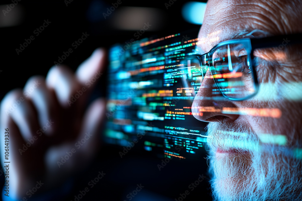 Poster focused man with glasses analyzing code on digital screen, reflecting technology and innovation