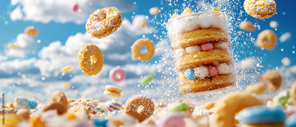 Poster delightful assortment of colorful donuts and pastries floats against bright blue sky, creating whims