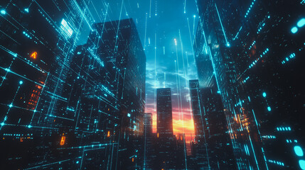 Obraz premium Smart digital city with connection cyber security network reciprocity over the cityscape . future smart wireless digital city and social media networking systems that connects people within the city