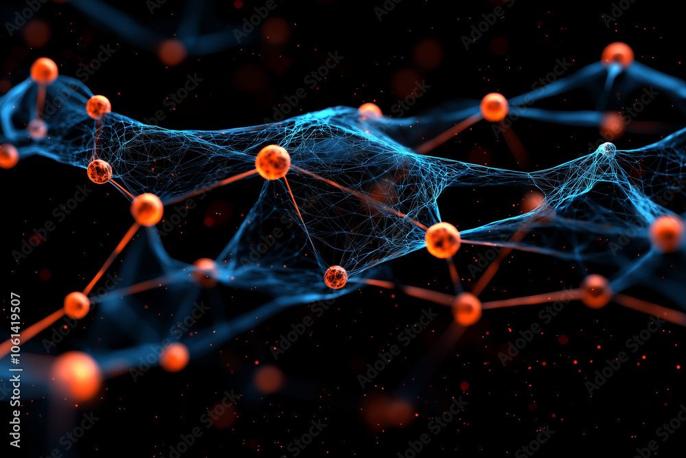 Aufkleber dynamic 3D network of interconnected nodes and lines, glowing with vibrant orange and blue hues, represents digital web structure. abstract design evokes sense of complexity and innovation
