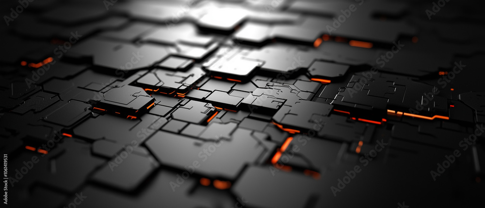Poster Abstract 3D grid with black geometric shapes and glowing orange lines, representing website architecture. futuristic design creates sense of depth and complexity