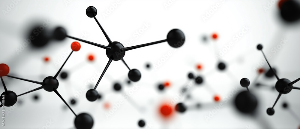 Aufkleber Abstract 3D molecular structure with black and red spheres connected by rods, representing scientific concept. image conveys sense of complexity and interconnectedness