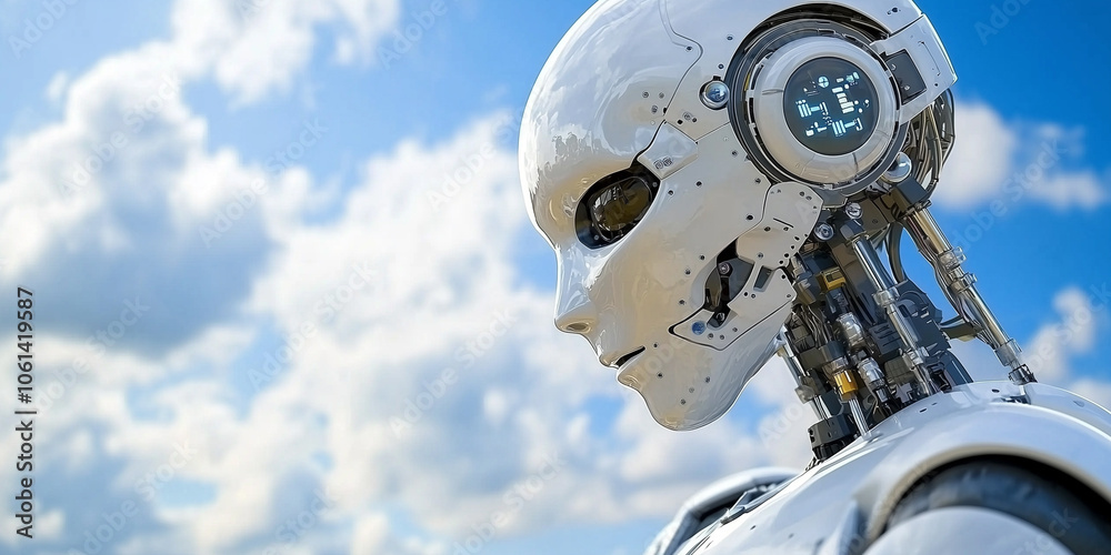 Leinwandbilder futuristic robot with sleek design stands against cloudy sky, showcasing advanced technology and inn