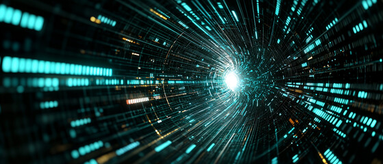 Naklejka premium dynamic 3D grid with glowing lines and bright central point represents website architecture, evoking sense of digital connectivity and futuristic design