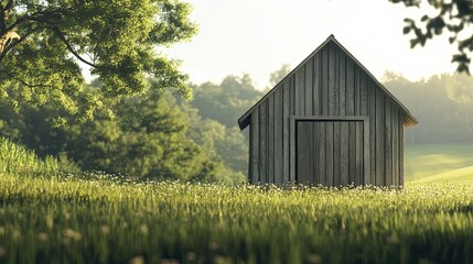 Obraz premium A Rustic Wooden Shed in a Field of Green Grass and White Flowers