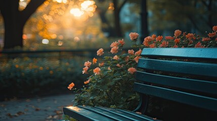 Pink Flowers Blooming in Front of a Park Bench at Sunset
