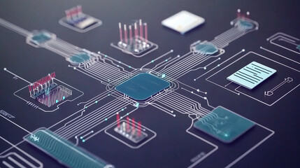 Obraz premium Intricate network of microchips, circuitry, and LEDs forming an abstract high-tech landscape representing the digital evolution of data, machine learning, and quantum computing