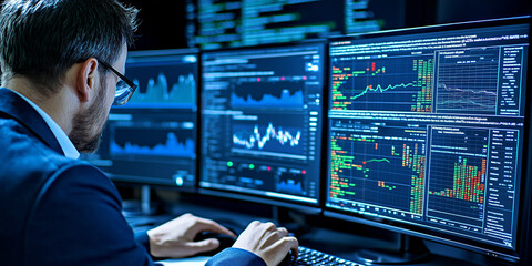 person analyzing financial data on multiple computer screens in modern office. screens display various charts and graphs, indicating stock market trends and data analytics