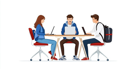 Three young adults collaborating at table with laptops, focused and engaged