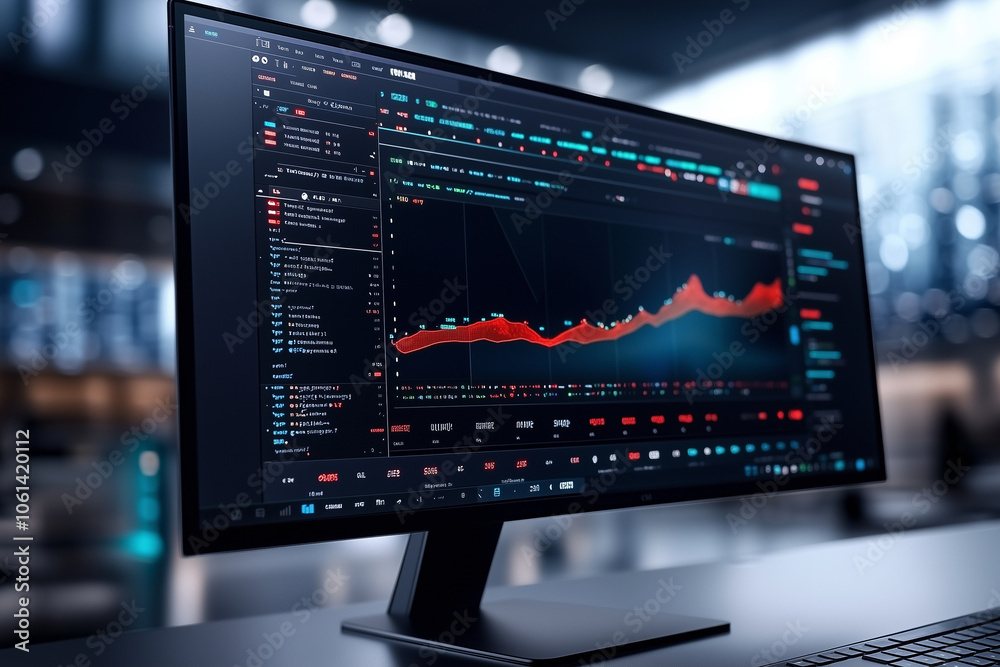 Poster modern computer monitor displays financial graph with dark theme in sleek office setting, showcasing data analysis and stock market trends