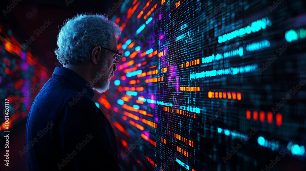 Aufkleber man analyzing colorful digital data on futuristic screen, deep in thought