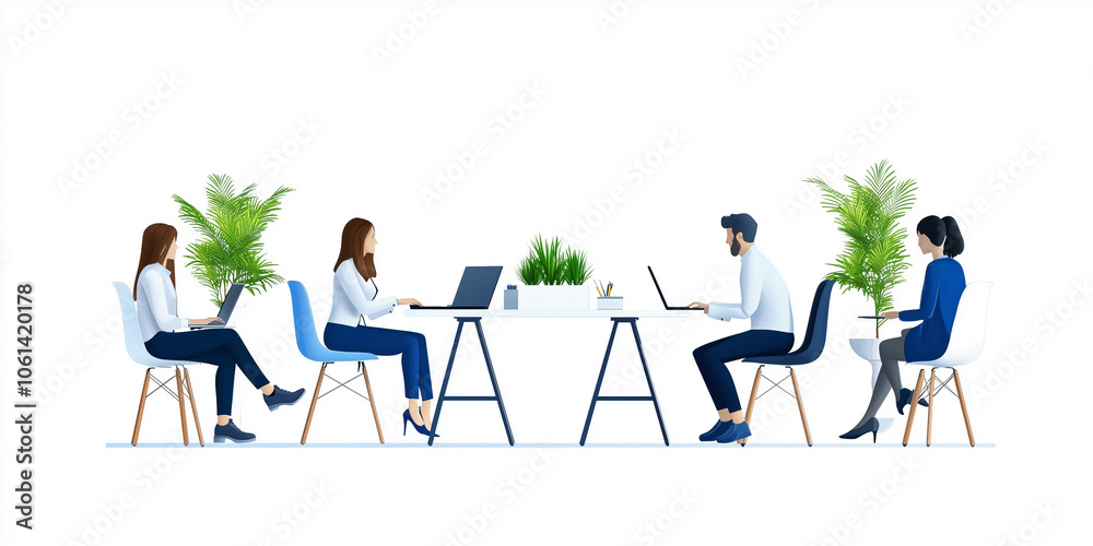 Poster diverse group of people working collaboratively in modern office setting, surrounded by plants and u