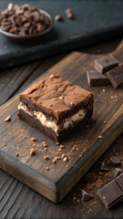 A single brownie with visible layers of rich chocolate