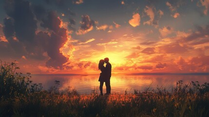 Fototapeta premium Romantic Sunset Silhouette: Couple's Embrace Against Fiery Sky