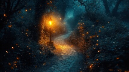 Fototapeta premium A magical pathway through a misty forest, illuminated by a glowing lantern and fireflies.