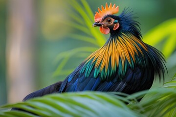 Fototapeta premium A vibrant, colorful rooster perched among lush greenery, showcasing its striking plumage.