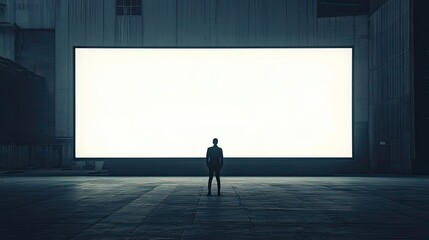 A lone figure standing before a large blank billboard in an urban setting.