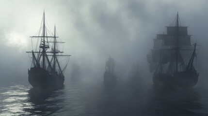 Fototapeta premium Enigmatic Voyage: Sailing into the Mist-Shrouded Unknown
