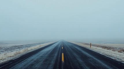 Fototapeta premium Empty Highway Disappearing into Fog on a Cold Day