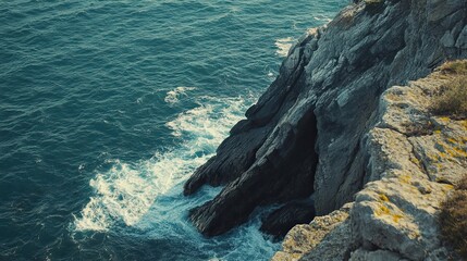 Ocean Waves Crashing Against a Rocky Cliff with a Cave