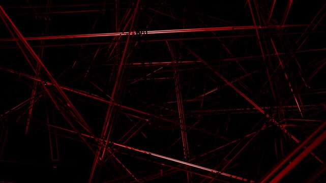 Looped mysterious screensaver with sharp bloody red lines on a black background in a scary movie style. Dark animation for art and music festival performance. Abstract motion graphics. Loop 4K 60fps
