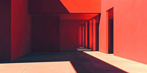 Red Architectural Corridor: A mesmerizing perspective shot of a modern architectural corridor bathed in vibrant red hues. The interplay of light and shadow creates a dramatic and enigmatic atmosphere.