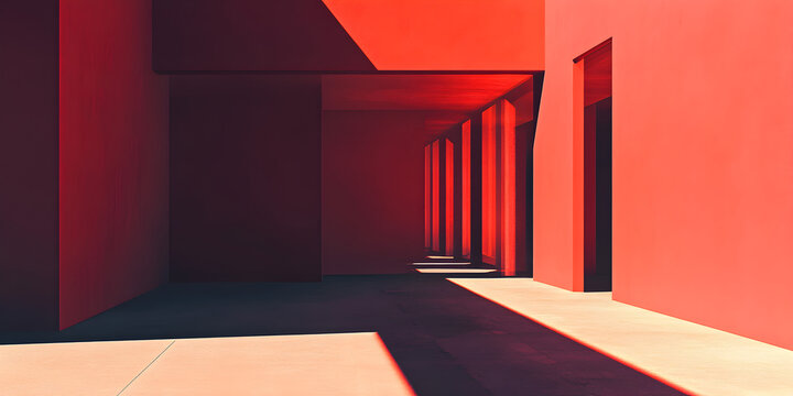 Red Architectural Corridor: A mesmerizing perspective shot of a modern architectural corridor bathed in vibrant red hues. The interplay of light and shadow creates a dramatic and enigmatic atmosphere.