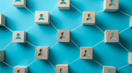 Fototapeta premium Seamless social network or connection concept using wooden square blocks on a blue background.
