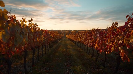 Naklejka premium Scenic view of a vineyard in the countryside during autumn